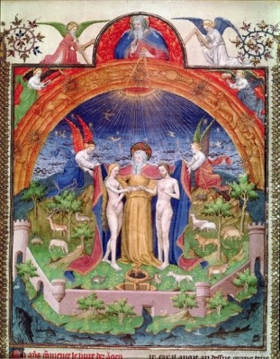 Ms Fr 247 f.3 The Creation, God Introducing Adam and Eve, from 'Antiquites Judaiques', c.1470-76, Jean Fouquet, Bibliotheque Nationale, Paris, France