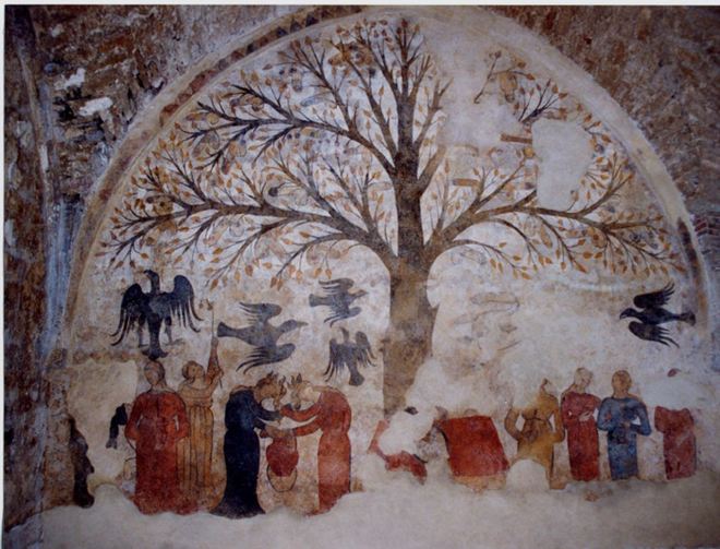 A 13th century depiction of witches. Notice anything in the tree?